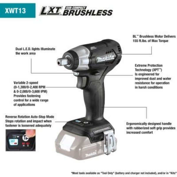 Makita Makita Cordless 1/2in Sq. Drive Impact Wrench Tool, 18V LXT Li-Ion, Sub-Cmpt Brushless XWT13ZB